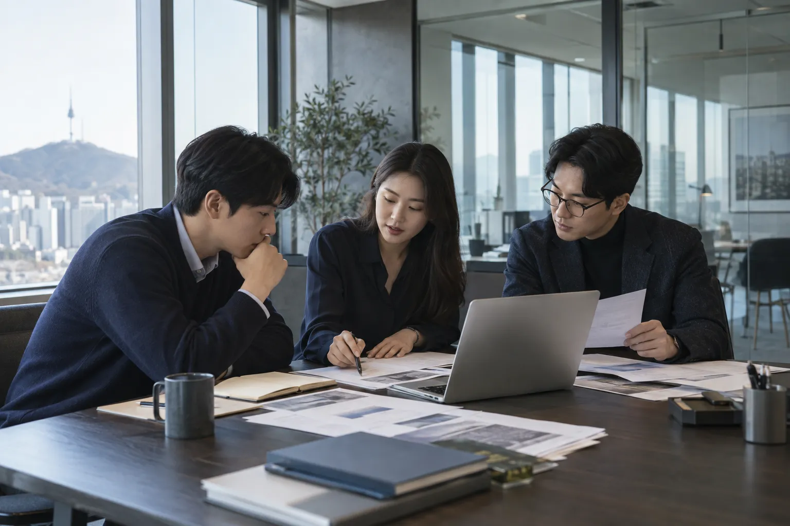 함께 자료를 검토하는 전문가들의 AI 업무 연출 이미지
